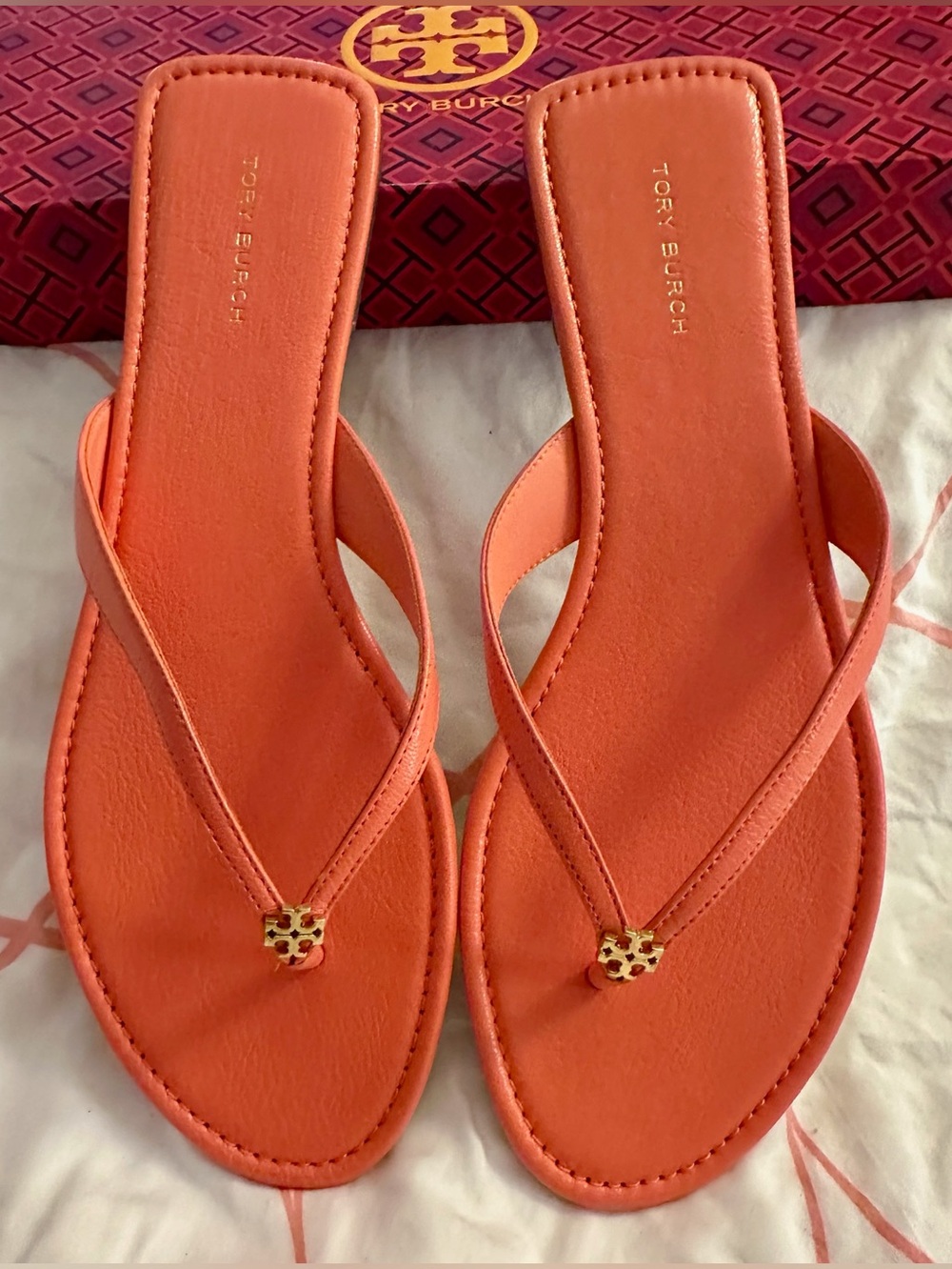 Tory Burch Classic Leather Flip Flops in Coral Crush